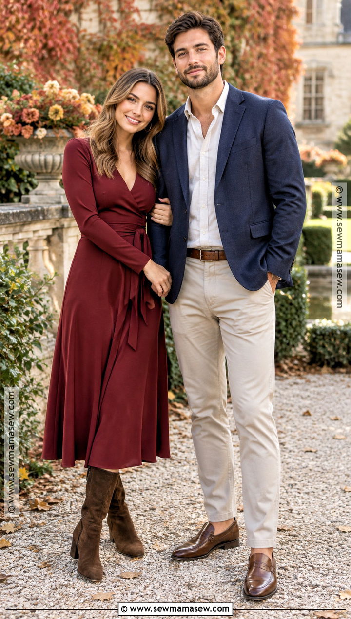 Burgundy Wrap Dress Fall Engagement Photo Outfit - 25 fall engagement photo outfit ideas