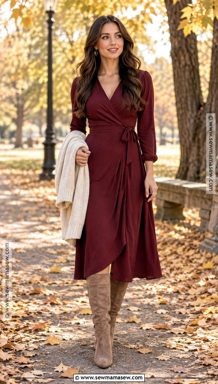 Burgundy Wrap Dress Fall Mini Shoot Outfit - 15 Fall Mini Shoot Outfits