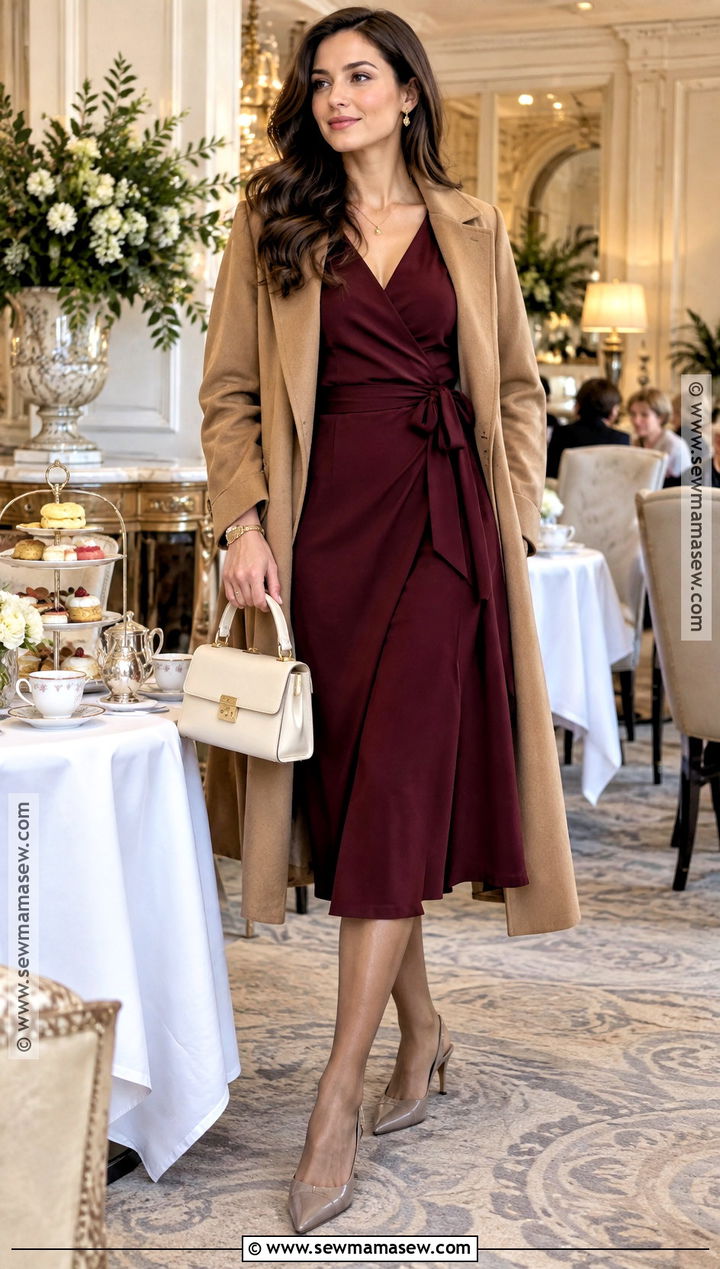Burgundy Wrap Dress Fall Tea Party Outfit - 25 fall tea party outfit ideas