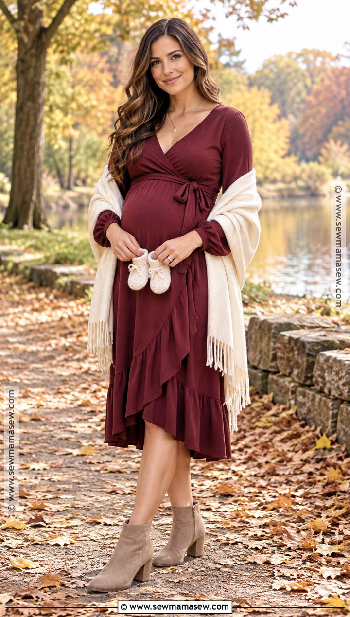 Burgundy Wrap Dress Pregnancy Announcement Outfit - 20 Fall Pregnancy Announcement Outfit Ideas