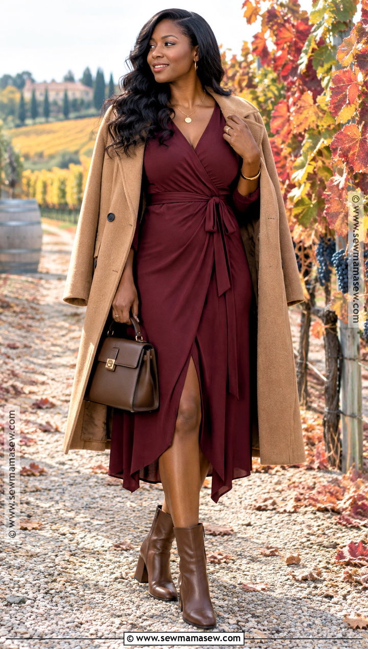 Burgundy Wrap Dress Vineyard Outfit - 15 Fall Vineyard Outfits for Black Women