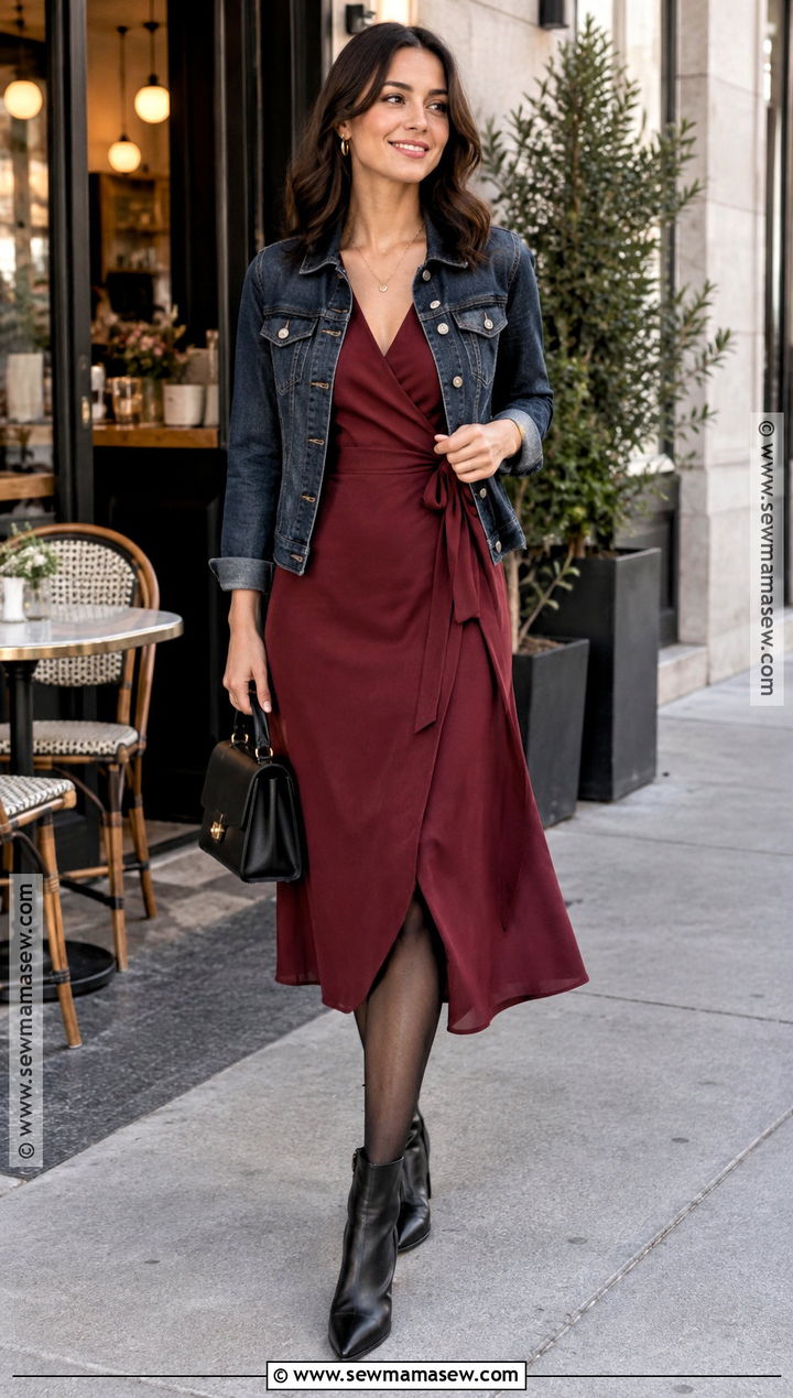 Burgundy Wrap Dress With Jean Jacket - 15 fall dress with jean jacket ideas