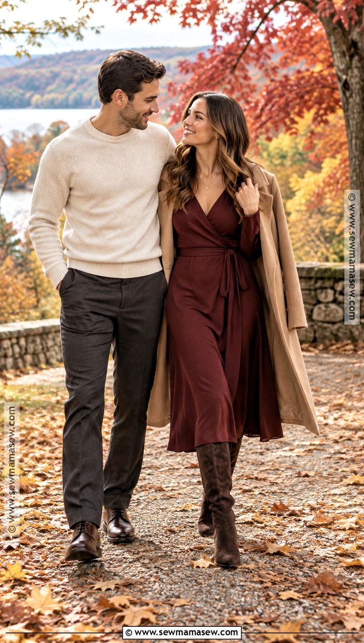 Burgundy Wrap Dress With Knee High Boots - 15 engagement photos outfits autumn