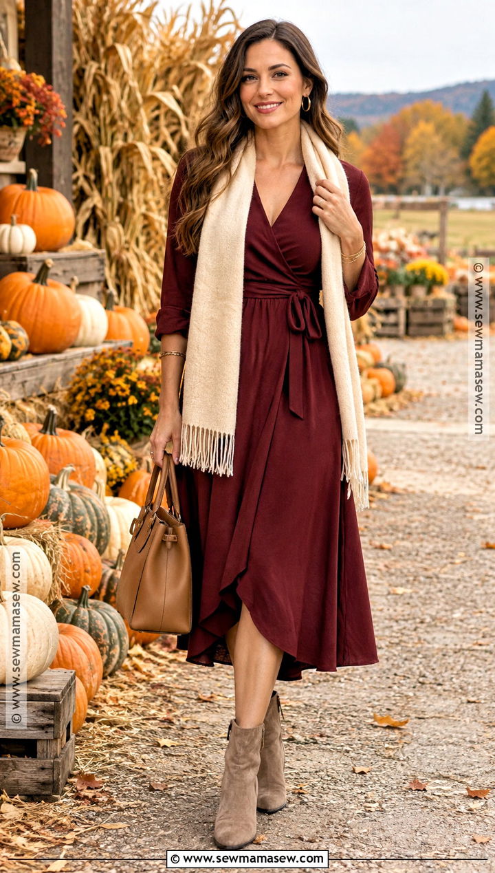 Burgundy Wrap Dress With Suede Booties - 15 Autumn Pumpkin Dress Ideas