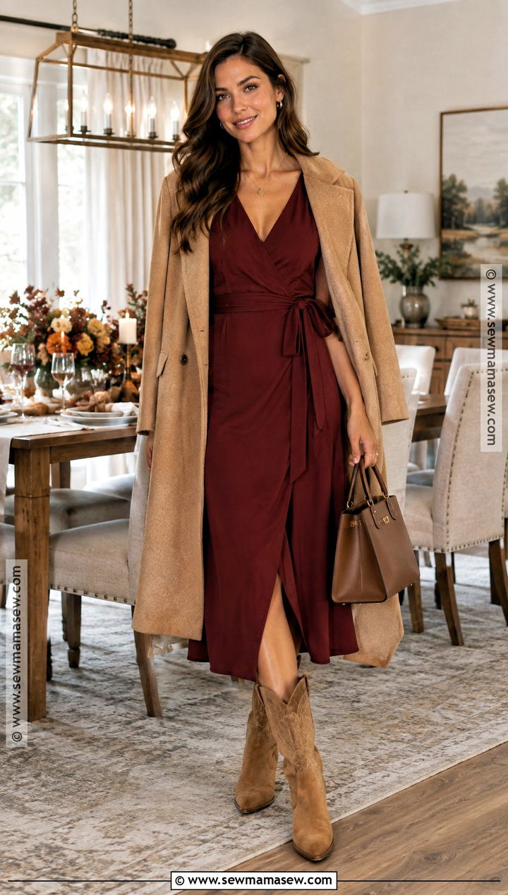 Burgundy Wrap Dress With Tan Cowboy Boots - 20 thanksgiving outfit cowboy boots