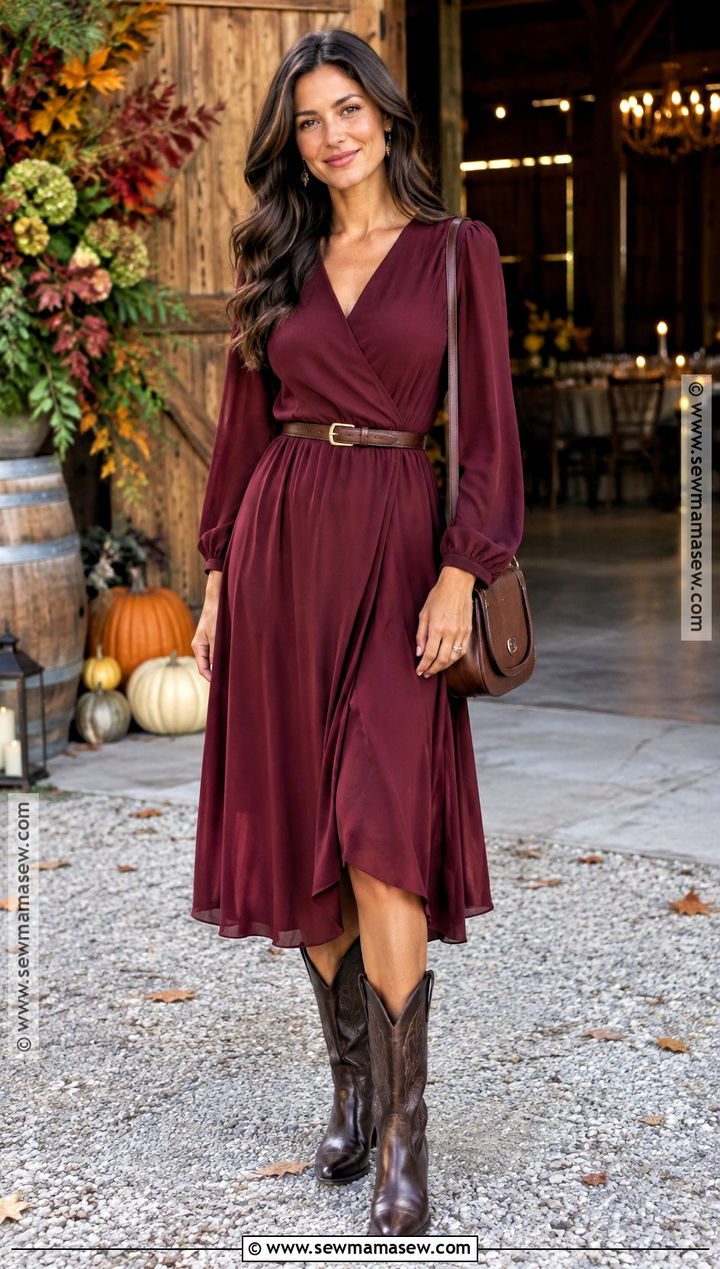 Burgundy Wrap Dress With Western Boots - 20 fall western wedding guest outfit ideas