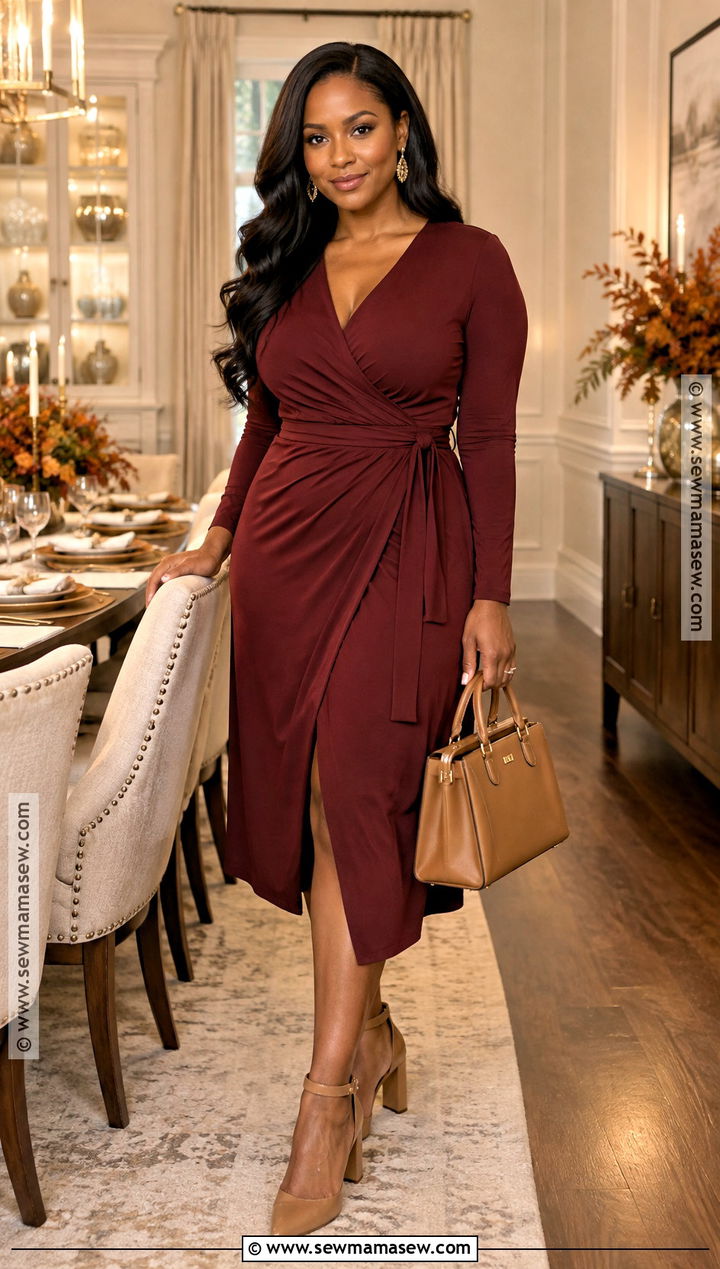 Burgundy Wrap Dress and Neutral Heels Thanksgiving Outfit - 20 Black Thanksgiving Outfits