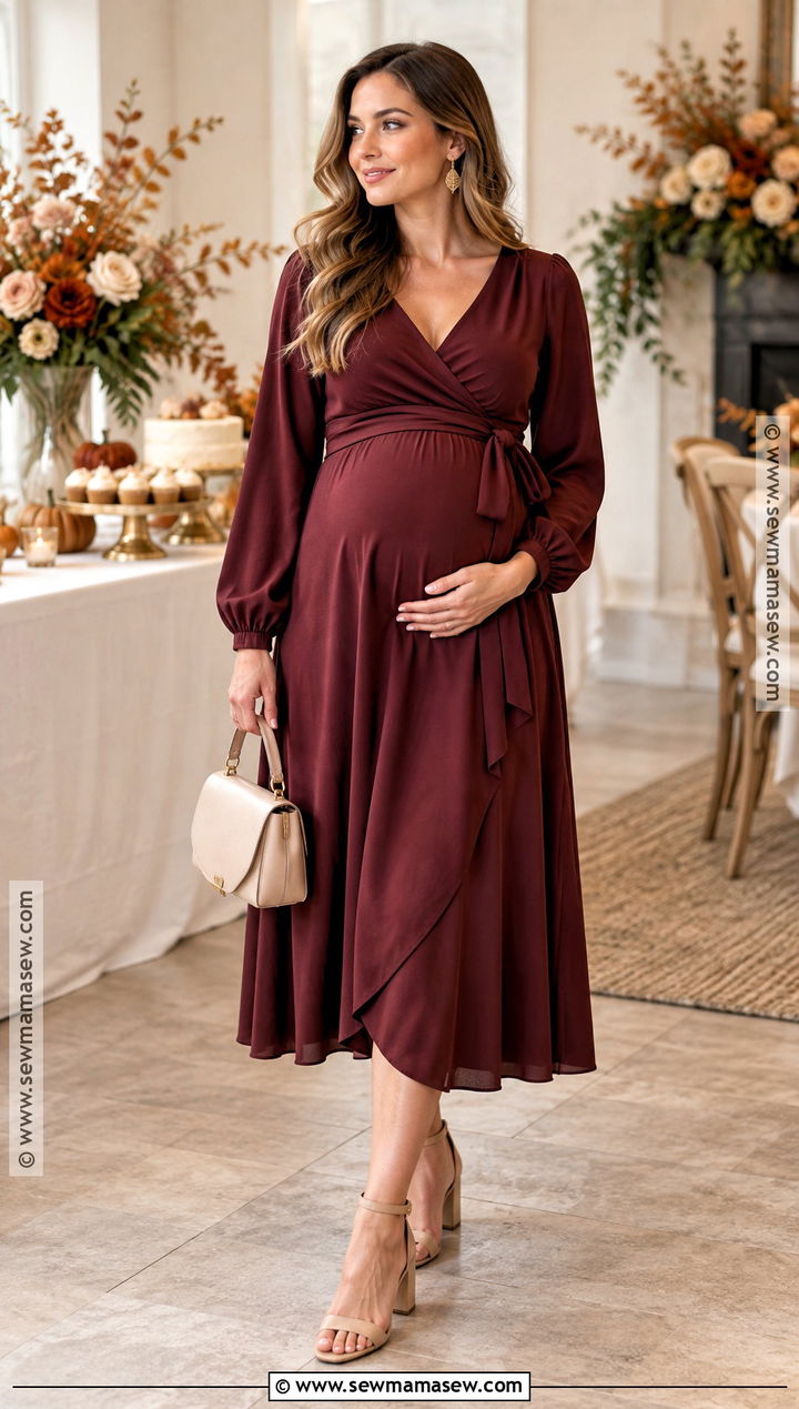 Burgundy Wrap Fall Baby Shower Dress - 25 fall baby shower dress ideas