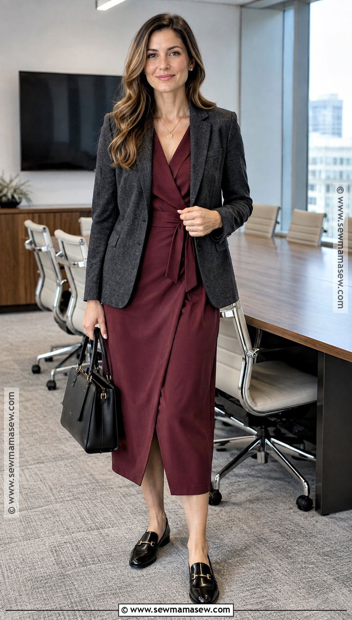 Burgundy Wrap Fall Business Dress - 15 Fall Business Dresses for Women