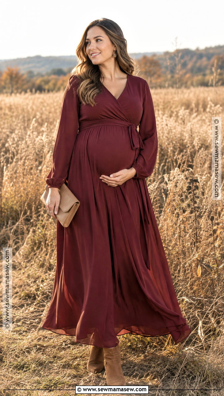 Burgundy Wrap Maxi Dress Maternity Photo Outfit - 15 Maternity Photography Outfits Fall