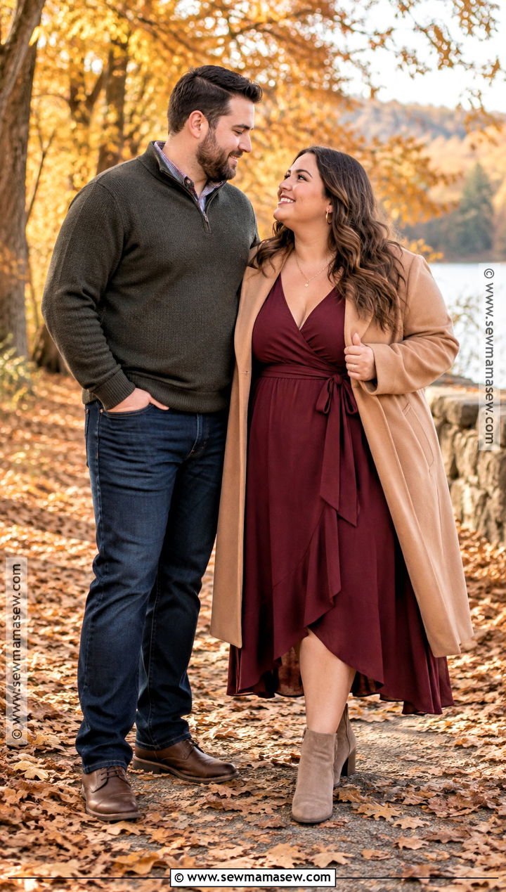 Burgundy Wrap Midi Dress Fall Engagement Photo Outfit - 20 plus size engagement photos outfits fall