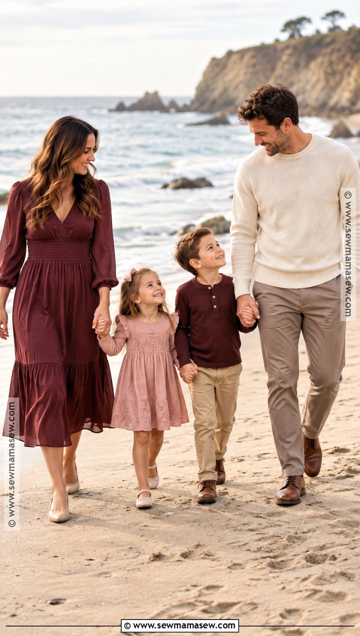 Burgundy and Blush Fall Beach Family Outfit - 15 fall beach photoshoot family outfits
