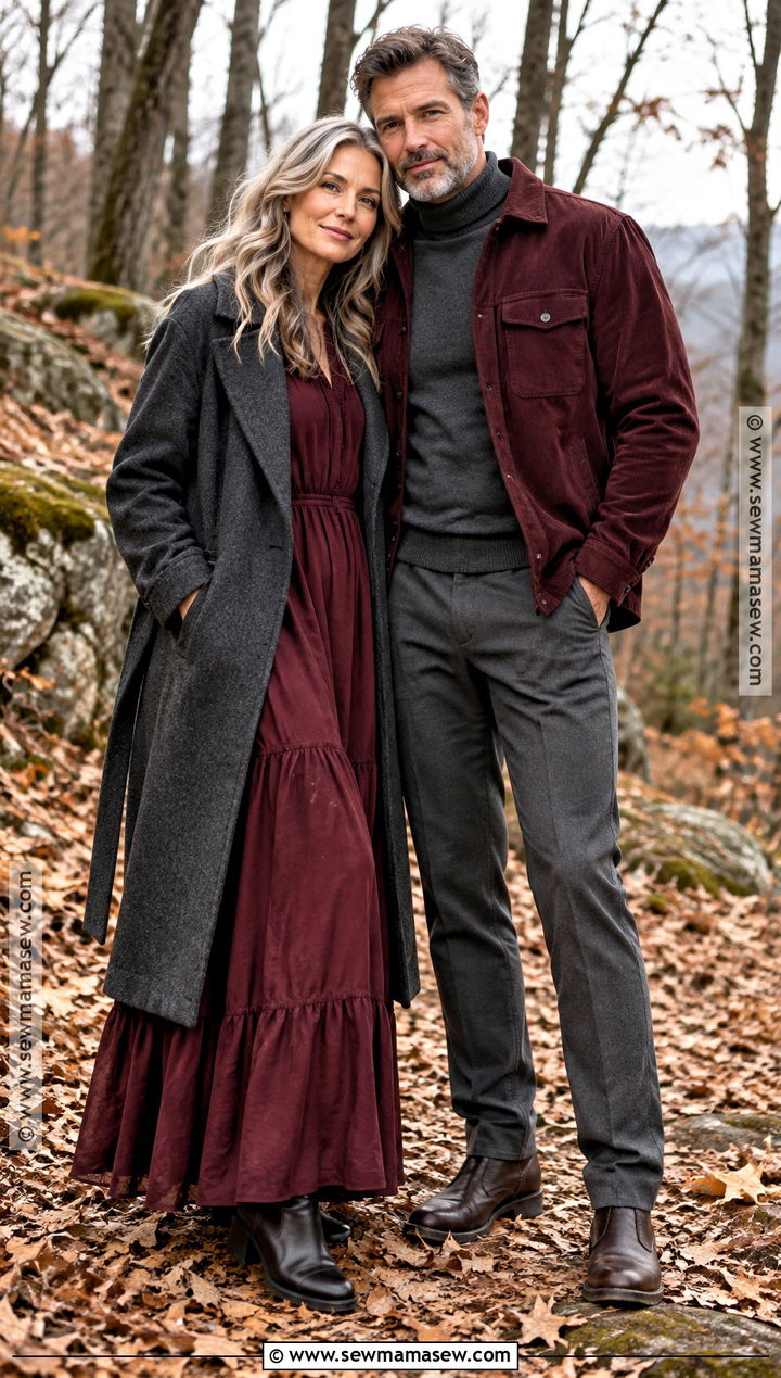 Burgundy and Charcoal Fall Couple Photo Outfits - 15 Fall Couple Photo Outfits Color Combos
