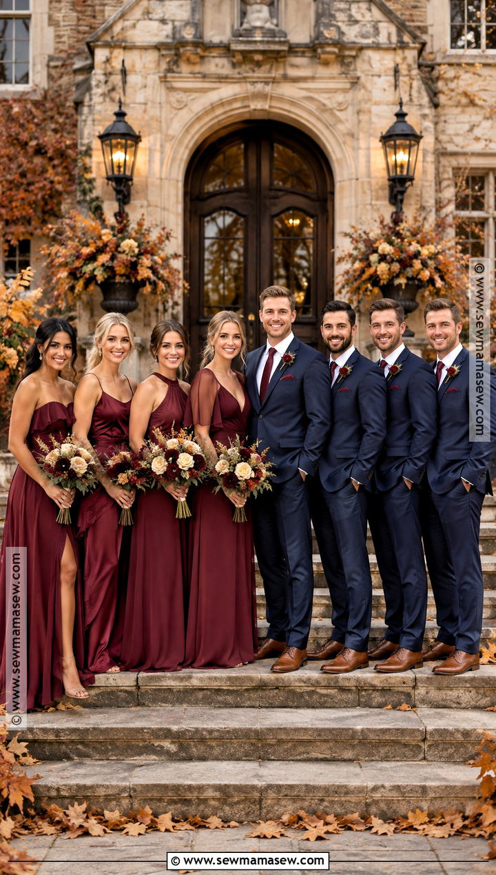 Burgundy and Navy Fall Wedding Party Attire - 15 fall wedding party attire color palettes ideas