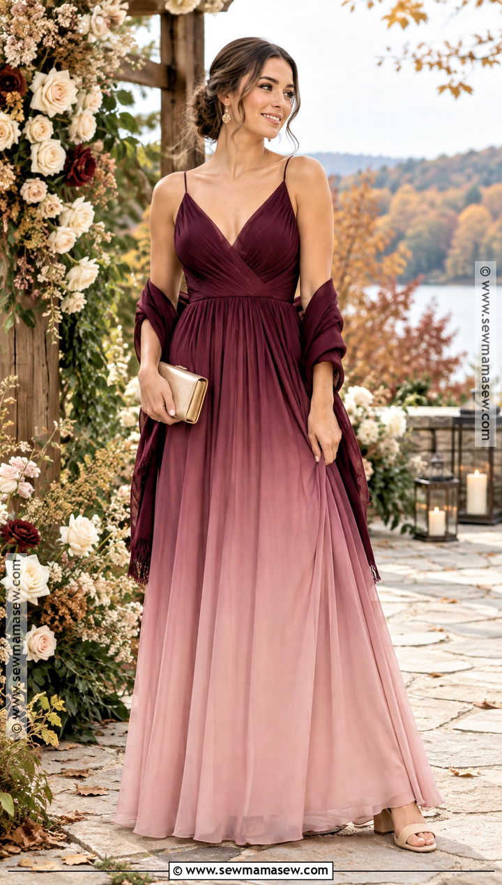 Burgundy to Blush Ombre Chiffon Bridesmaid Dress - 15 fall wedding bridesmaid dresses ombre