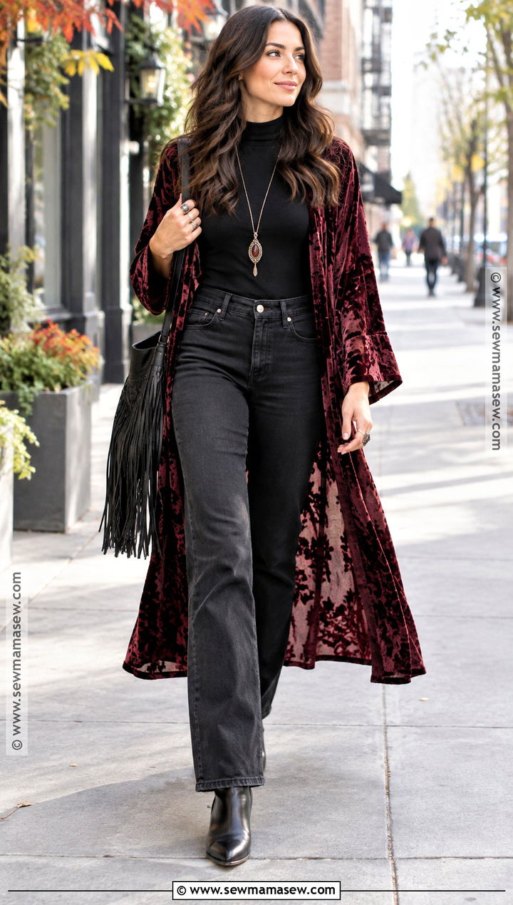 Burnout Velvet Duster and Black Jeans Whimsigoth Fall Outfit - 25 whimsigoth fall outfits