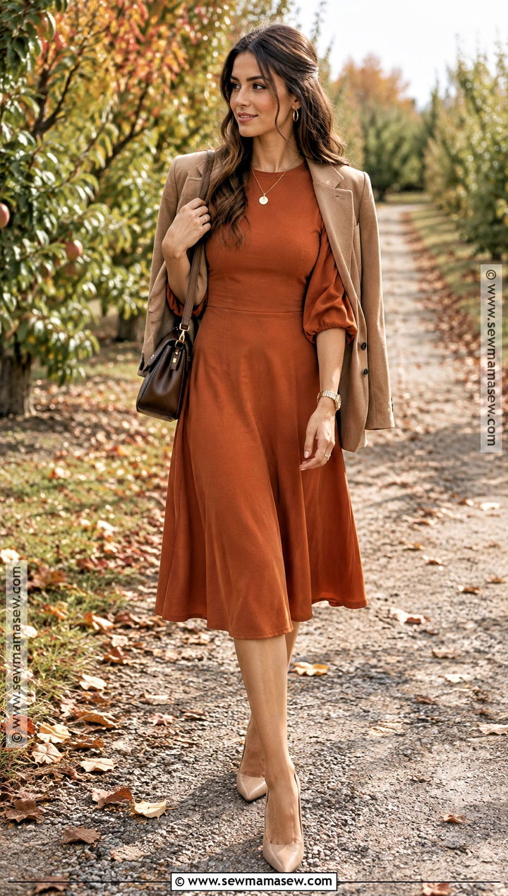 Burnt Orange A Line Dress Fall Wedding Guest Outfit - 25 casual fall wedding outfit guest ideas