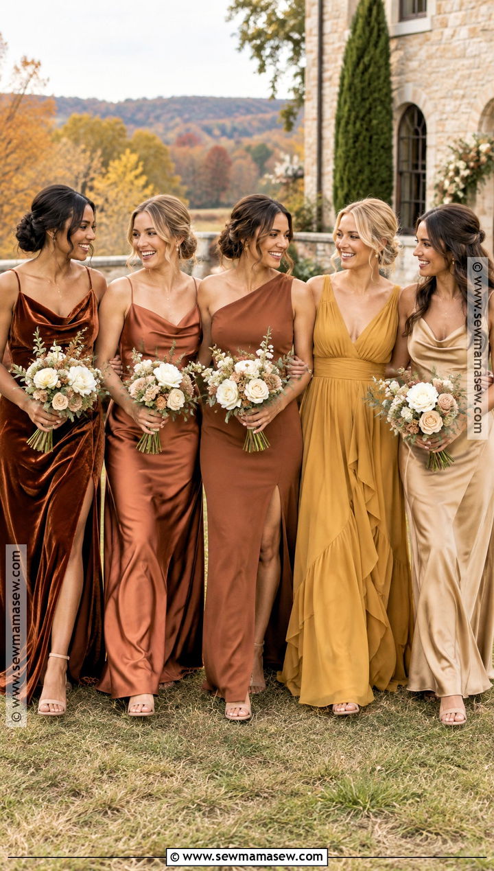 Burnt Orange And Gold Mismatch Bridesmaid Dresses - 15 Fall Mismatch Bridesmaid Dresses