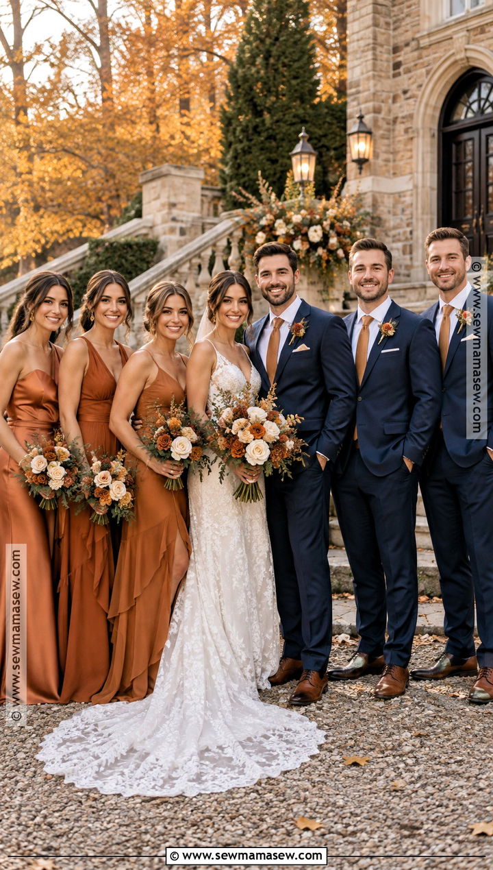 Burnt Orange Bridesmaid Dresses With Navy Groomsmen Suits - 15 fall wedding bridesmaid dresses and groomsmen