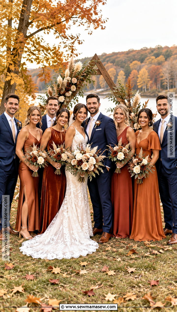 Burnt Orange Bridesmaid Dresses With Navy Groomsmen - 15 fall bridesmaid dresses mismatched with groomsmen