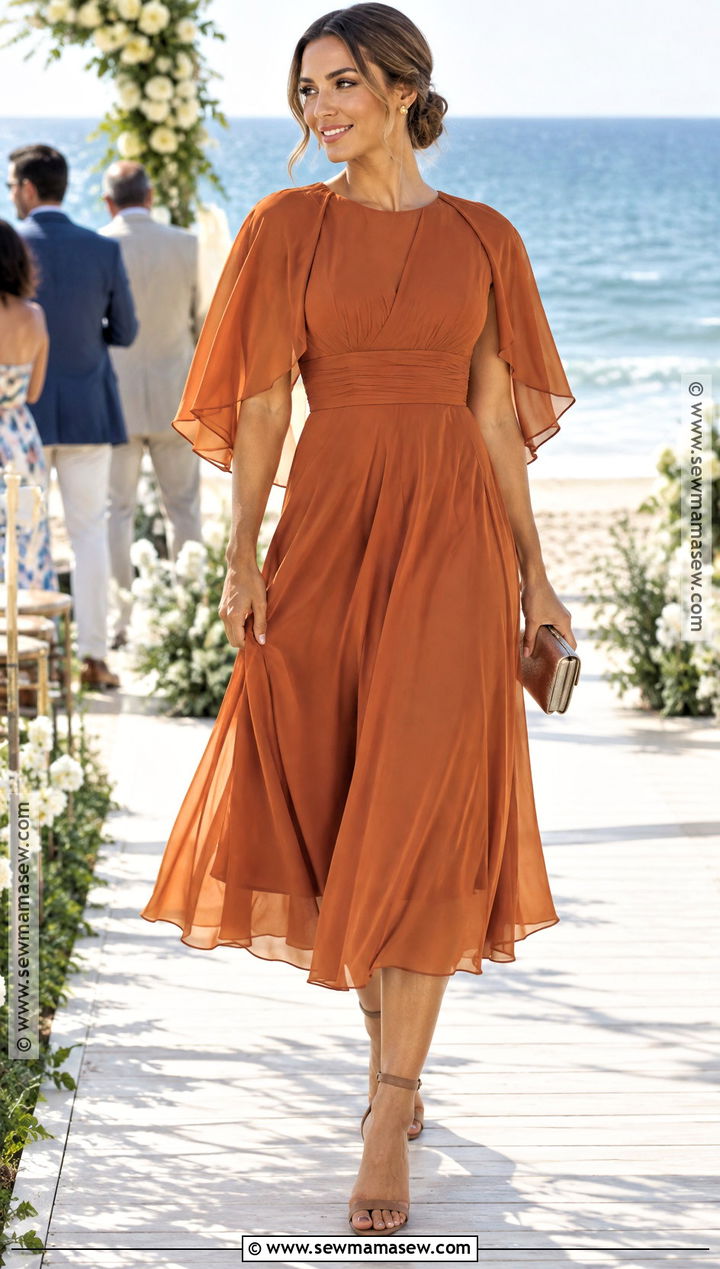 Burnt Orange Cape Sleeve Fall Beach Wedding Guest Dress - 15 beach wedding guest dress fall ideas