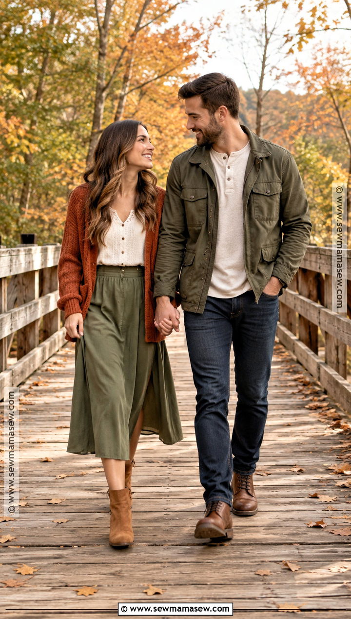 Burnt Orange Cardigan And Olive Pants Couples Fall Photoshoot Outfit - 25 couples fall photoshoot outfits