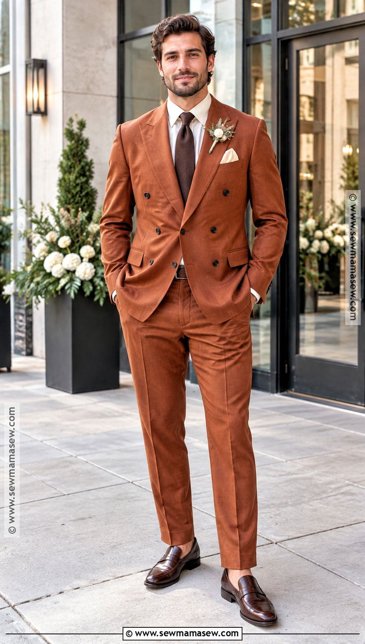 Burnt Orange Double Breasted Suit - 15 fall groom attire burnt orange ideas
