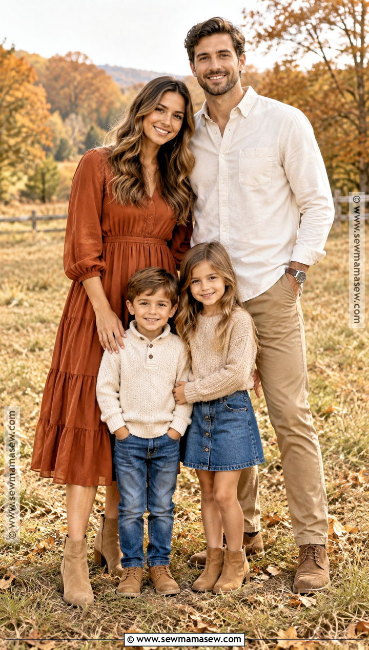 Burnt Orange Dress With Cream and Khaki Family Outfits - 15 fall family photo outfits burnt orange