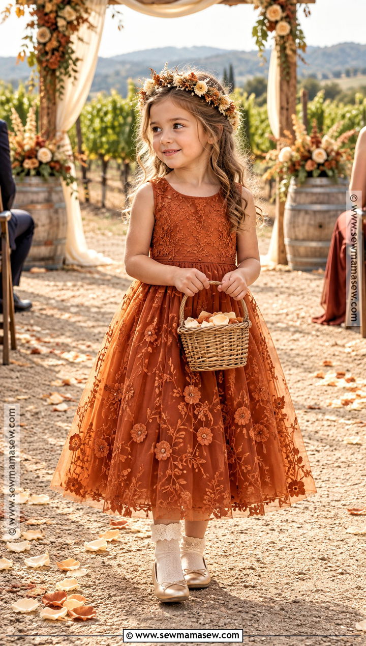 Burnt Orange Embroidered Tulle Flower Girl Dress - 20 Fall Wedding Flower Girl Dresses