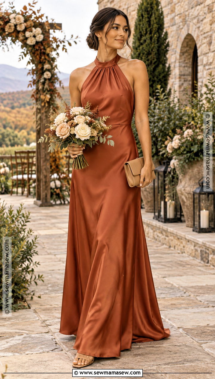 Burnt Orange Halter Bridesmaid Dress - 20 autumn wedding dress bridesmaid ideas