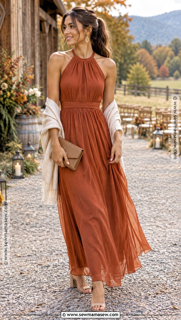Burnt Orange Halter Bridesmaid Dress - 15 fall wedding dress bridesmaid ideas