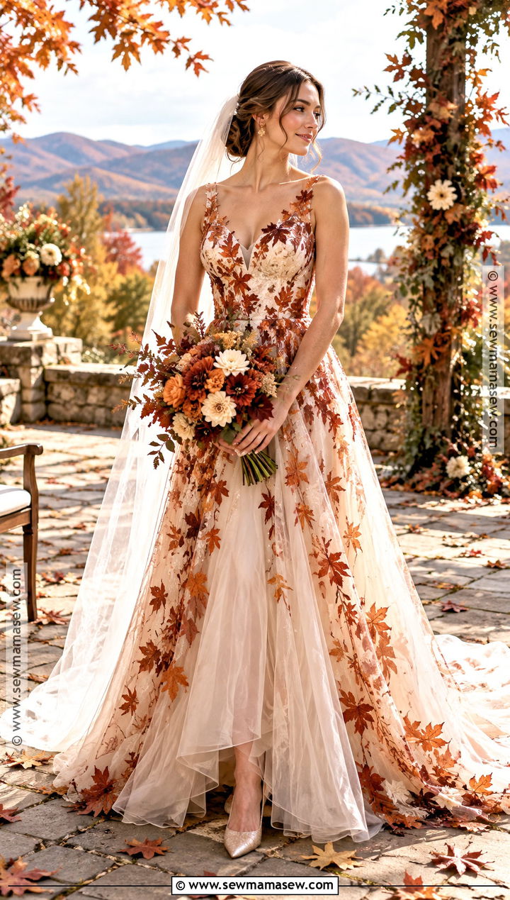 Burnt Orange Leaf Applique Wedding Dress - 15 Autumn Leaf Wedding Dress Ideas