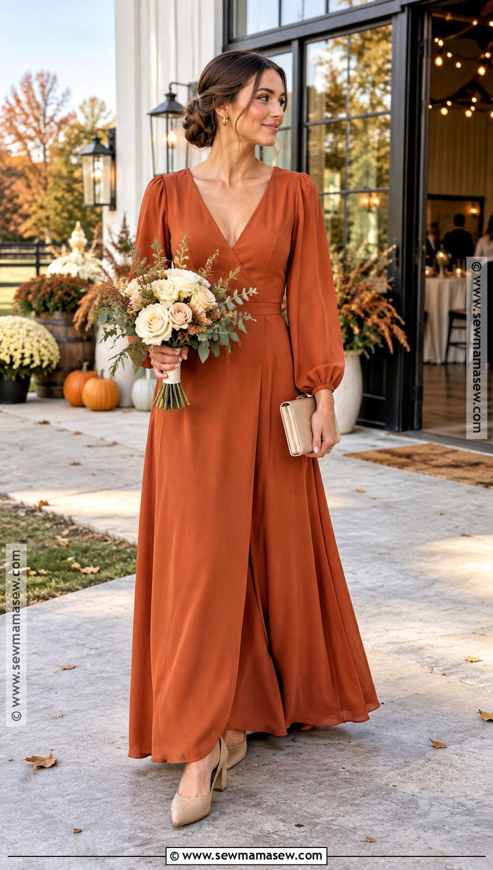 Burnt Orange Long Sleeve Bridesmaid Dress - 15 Fall Themed Bridesmaid Dresses