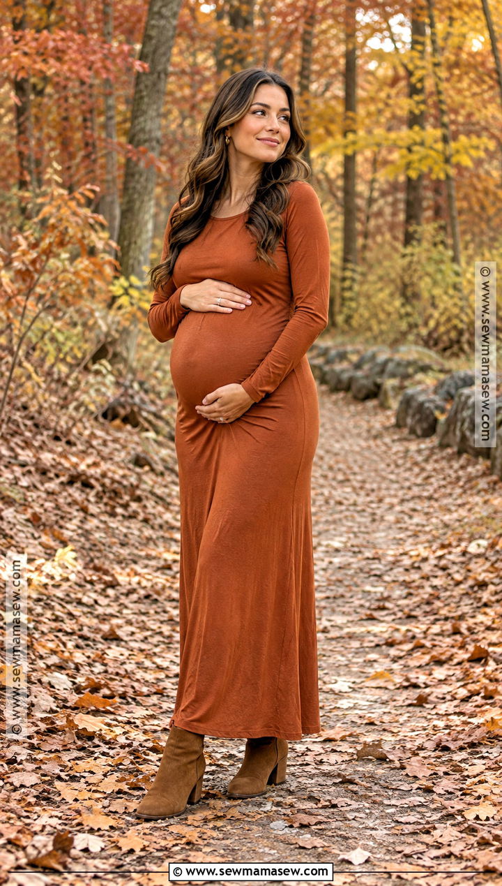 Burnt Orange Maxi Dress With Brown Boots - 15 fall maternity photos orange dress ideas