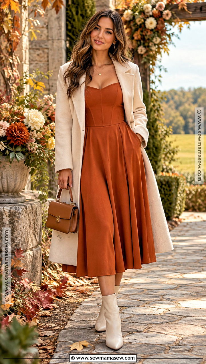 Burnt Orange Midi Dress With Cream Boots - 20 Fall Wedding Guest Dress With Boots