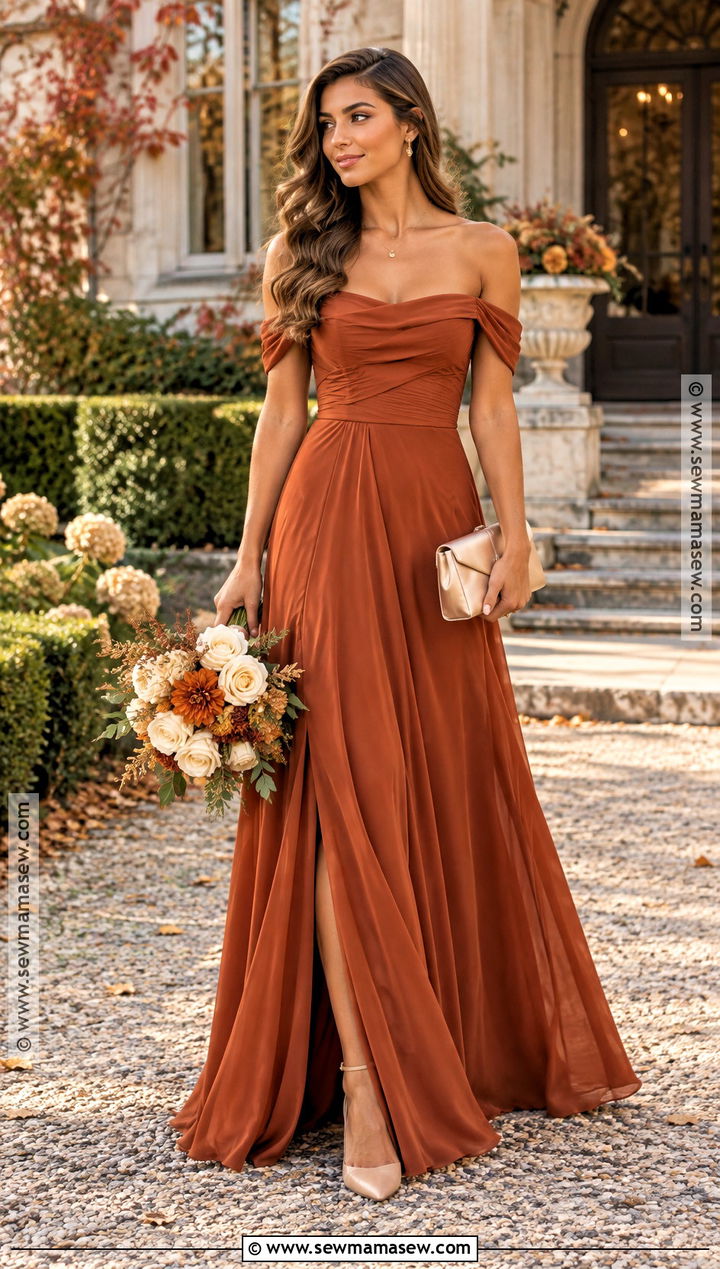 Burnt Orange Off The Shoulder Bridesmaid Dress - 15 Autumn Orange Bridesmaid Dresses