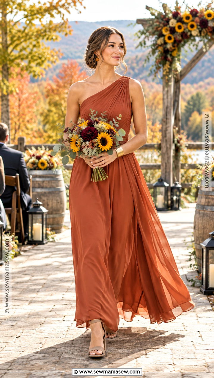 Burnt Orange One Shoulder Bridesmaid Dress - 15 fall sunflower wedding theme bridesmaid dresses