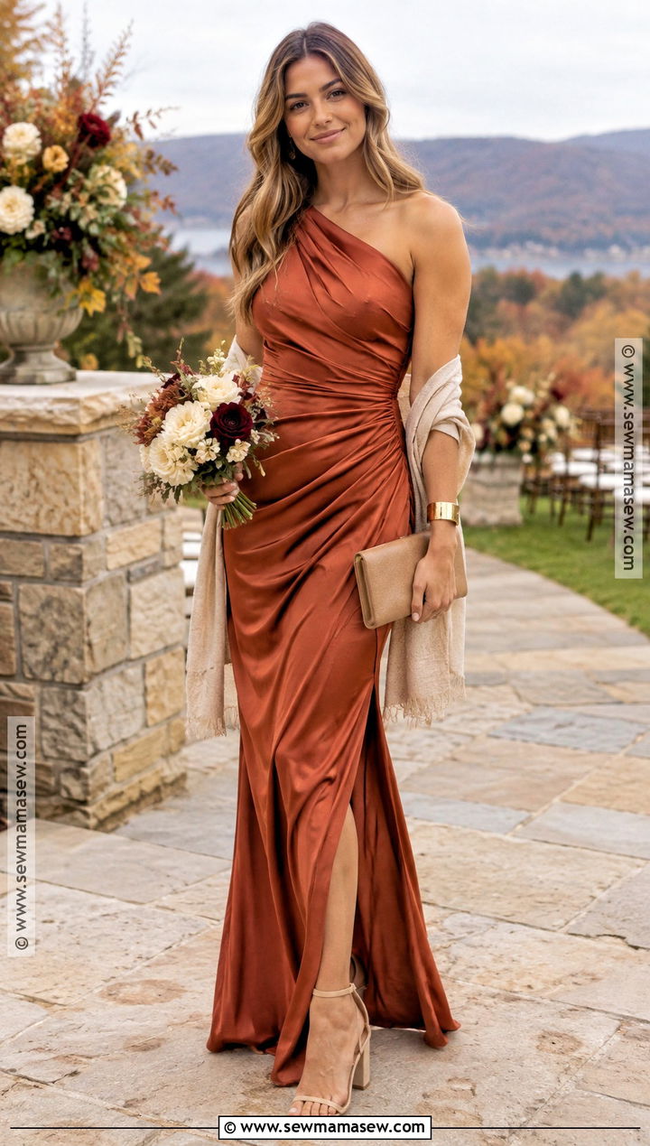 Burnt Orange One Shoulder Fall Bridal Party Dress - 15 fall bridal party dresses