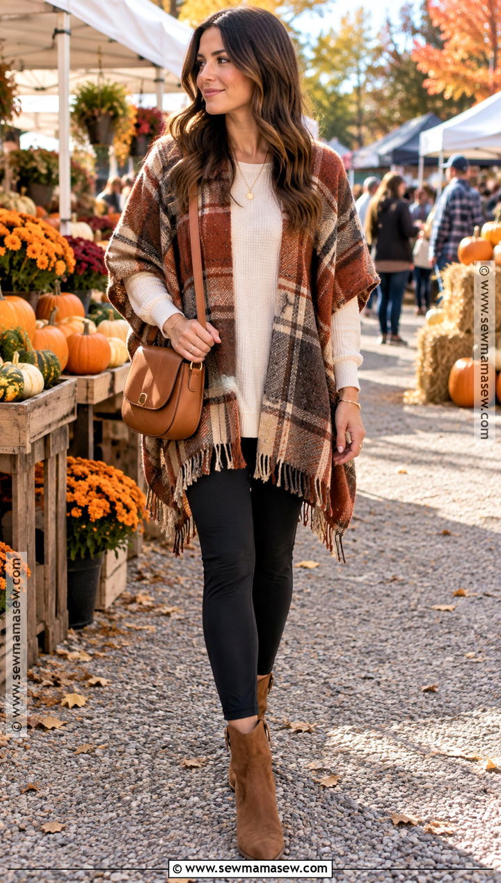 Burnt Orange Plaid Poncho With Leggings And Western Boots - 15 autumn color poncho ideas