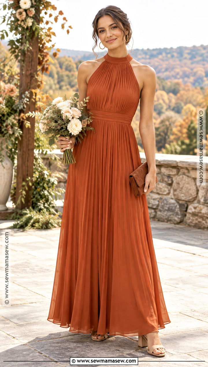 Burnt Orange Pleated Bridesmaid Dress - 20 bridesmaid dresses fall wedding