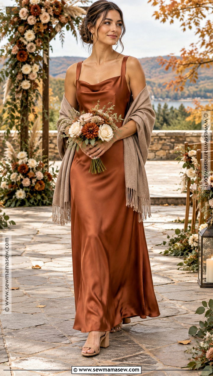 Burnt Orange Satin Bridesmaid Dress With Shawl - 15 Fall Outdoor Wedding Bridesmaid Dresses