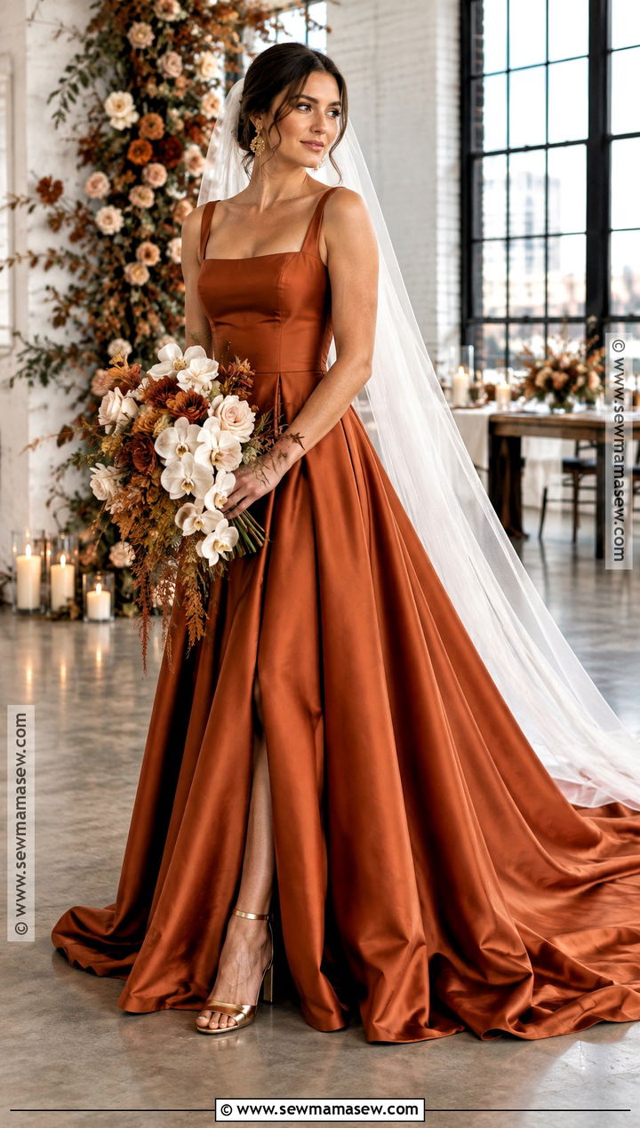 Burnt Orange Satin Fall Wedding Dress - 20 fall color wedding dress ideas