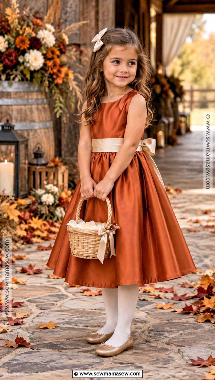 Burnt Orange Satin Flower Girl Dress - 15 Fall Wedding Flower Girl Dress Ideas