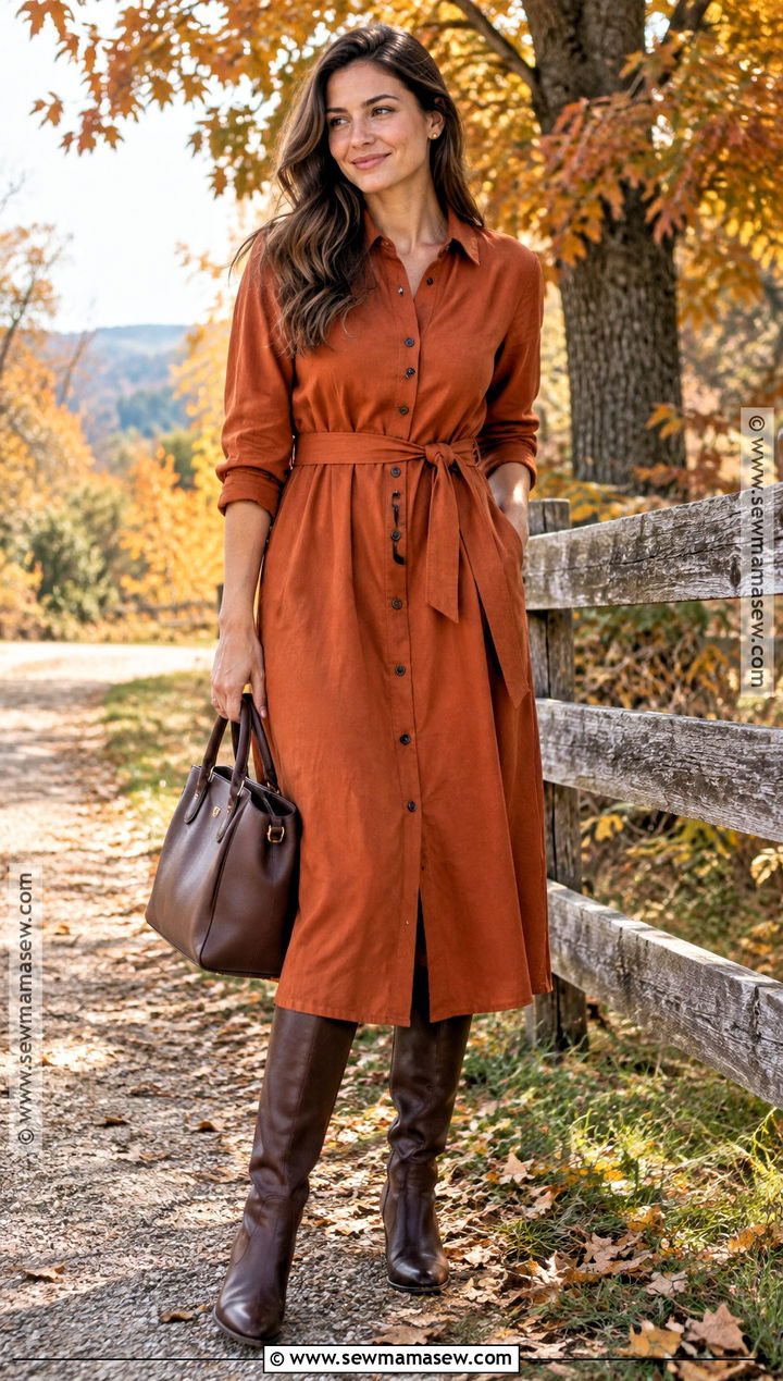 Burnt Orange Shirt Dress With Tall Boots - 15 Fall Picture Dresses for Women