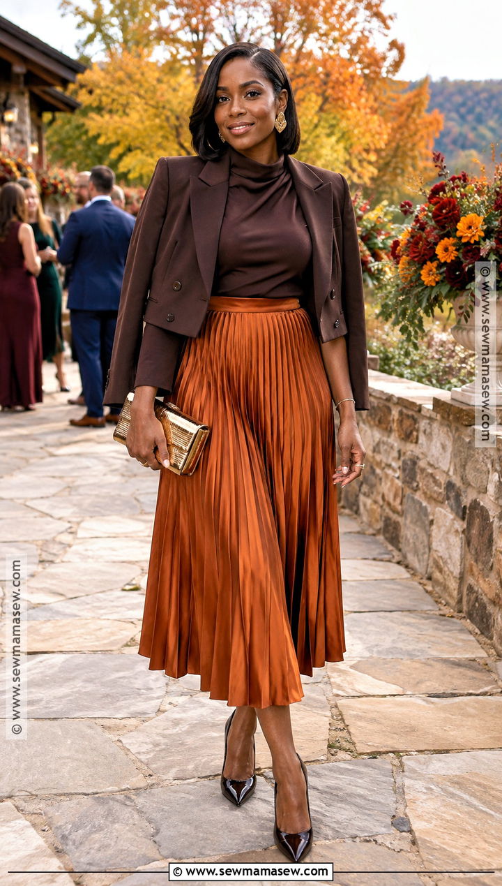 Burnt Orange Skirt And Blouse Fall Wedding Guest Outfit - 15 fall wedding guest outfit ideas for black women
