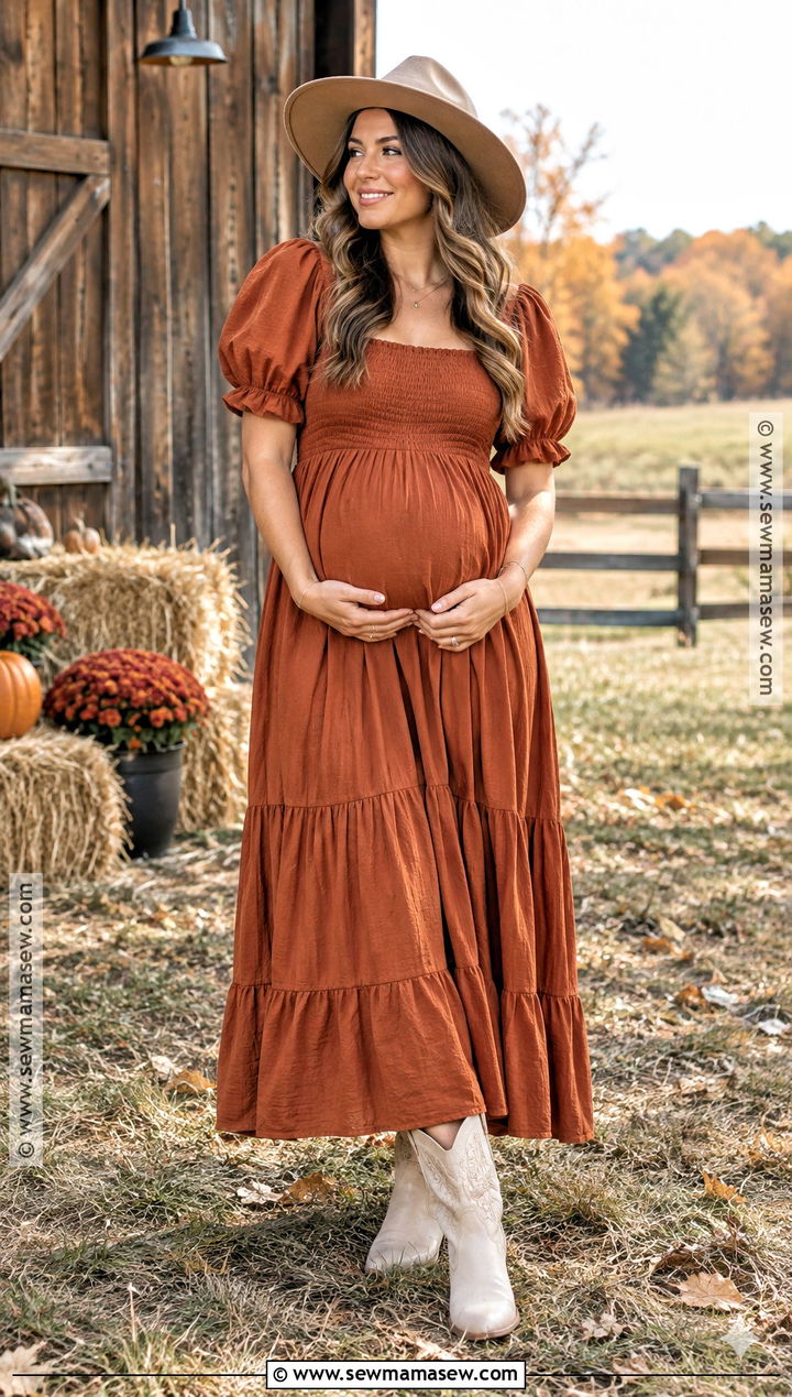 Burnt Orange Smocked Maternity Dress - 15 fall maternity dresses for photoshoot