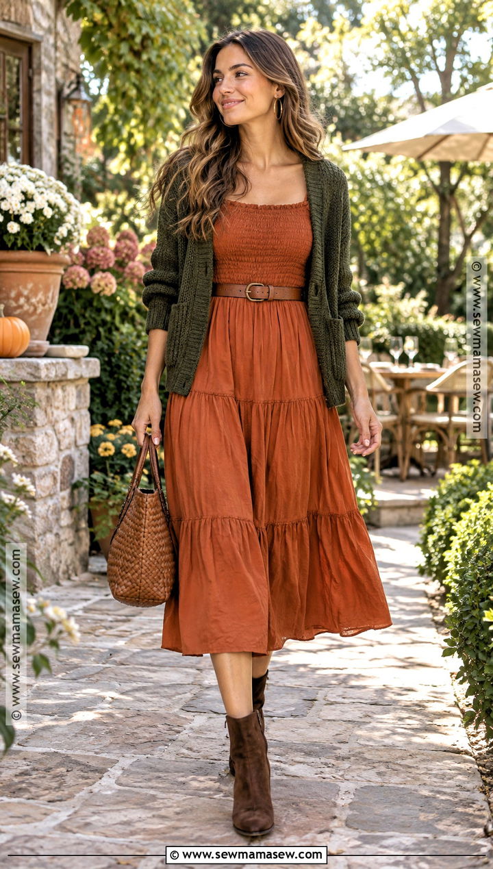 Burnt Orange Smocked Midi Dress Outfit - 20 dark autumn dress ideas