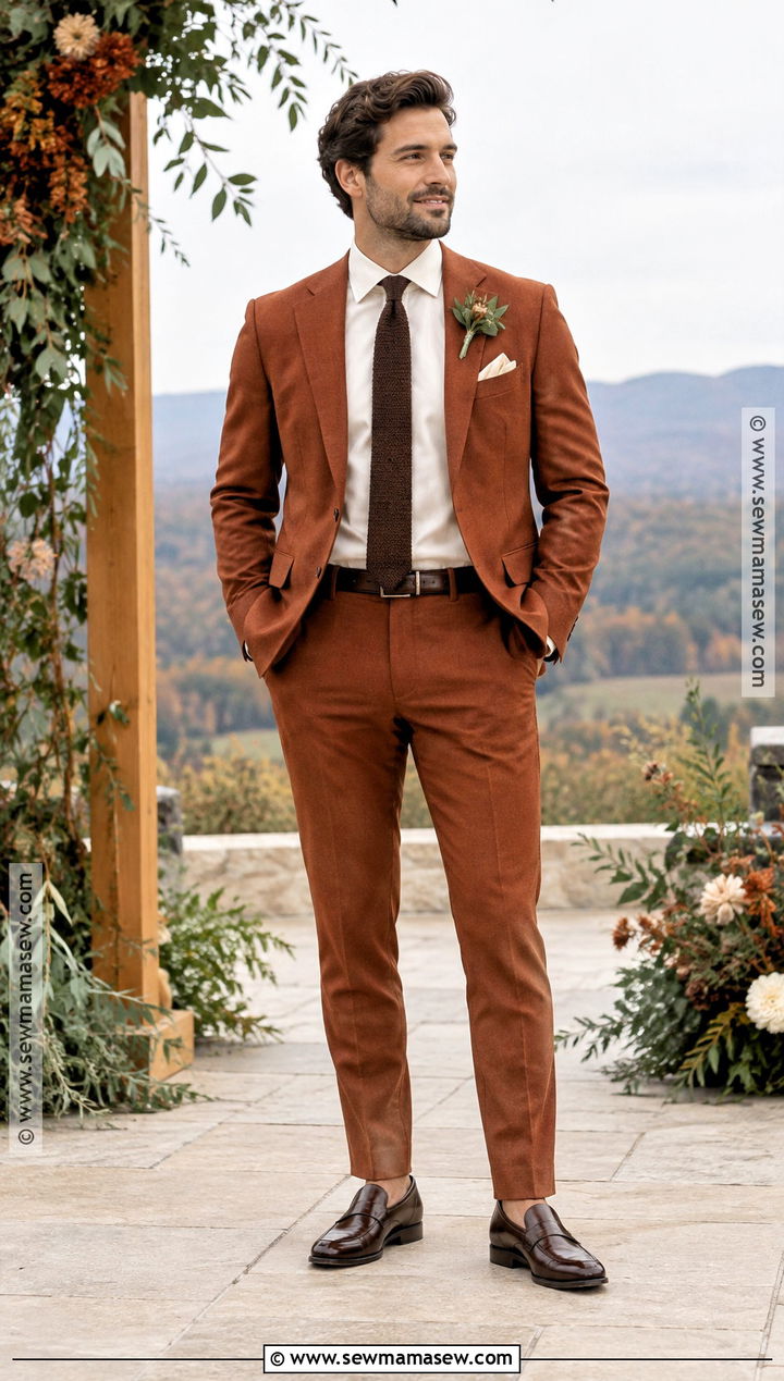 Burnt Orange Suit With Ivory Shirt - 15 fall groom attire burnt orange ideas