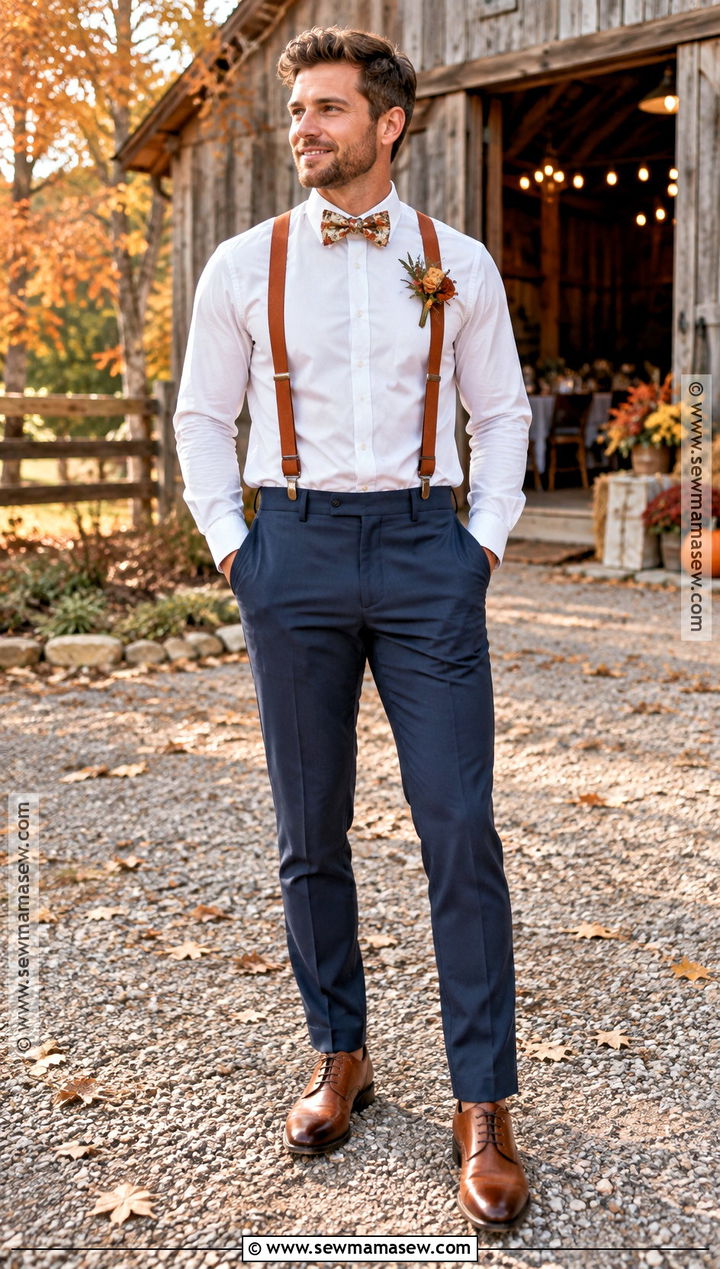 Burnt Orange Suspenders And Floral Bow Tie Outfit - 15 Fall Wedding Suspenders Bow Ties Ideas