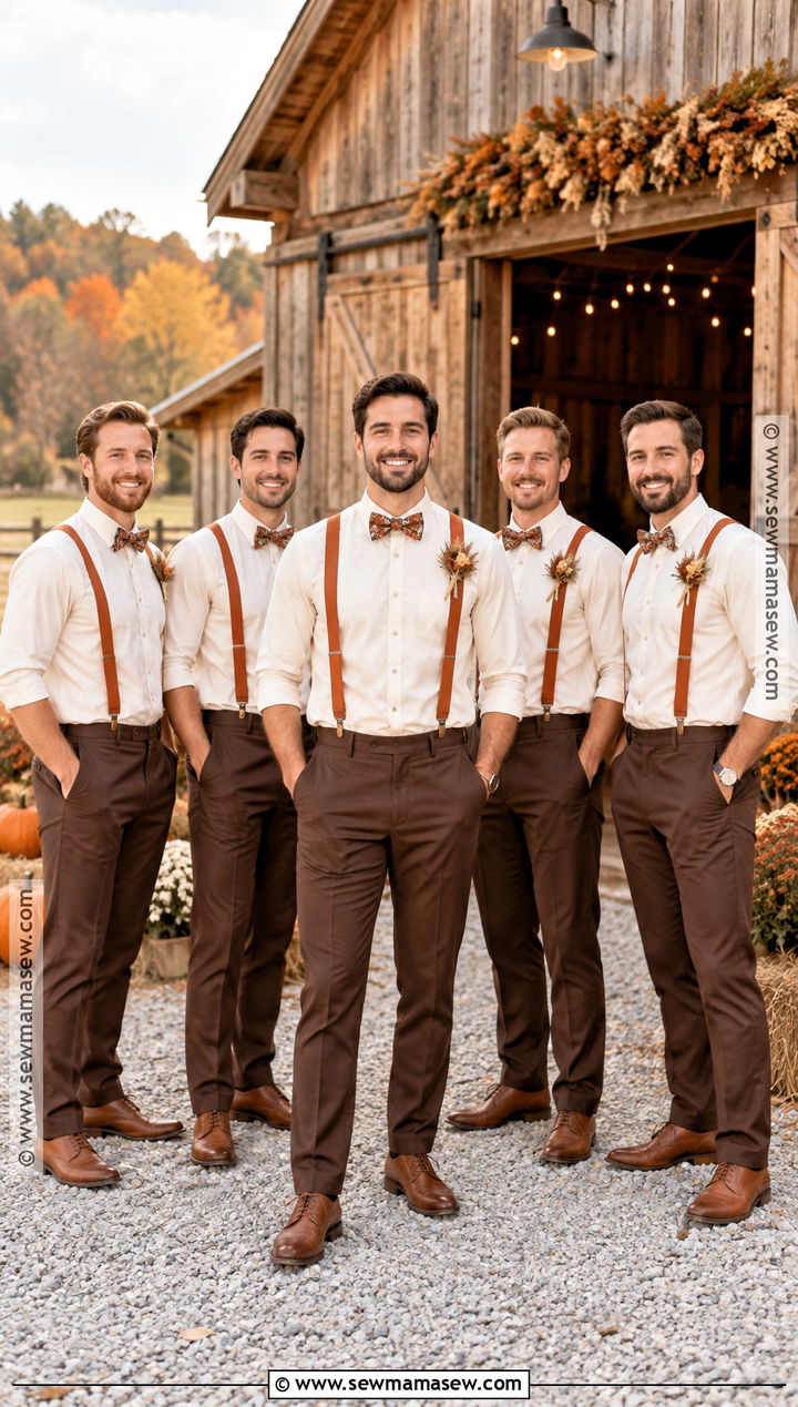 Burnt Orange Suspenders With Brown Trousers - 15 fall wedding groomsmen attire suspenders ideas